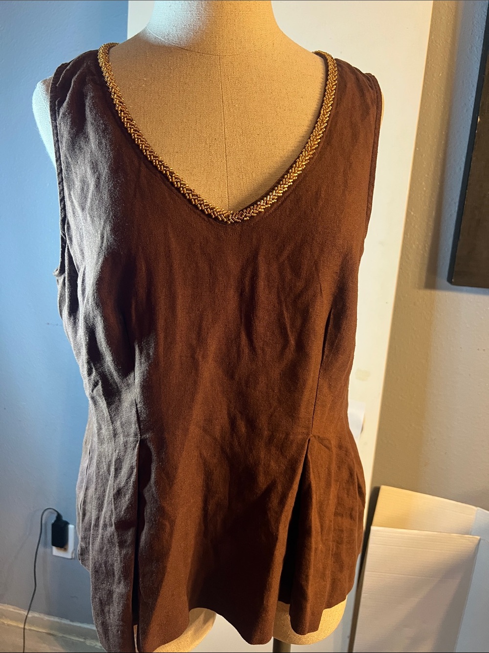 Braided-Trim Brown V-Neck Sleeveless Tank Top